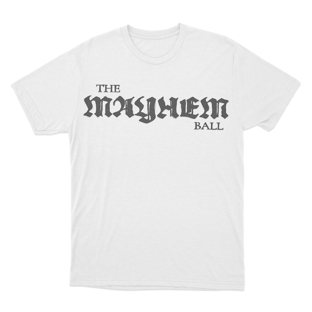 The Mayhem Ball Logo Unisex T Shirt White The Mayhem Ball Logo Unisex T Shirt White