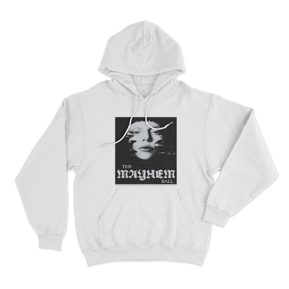 The Mayhem Ball Portrait Unisex Hoodie White The Mayhem Ball Portrait Unisex Hoodie White